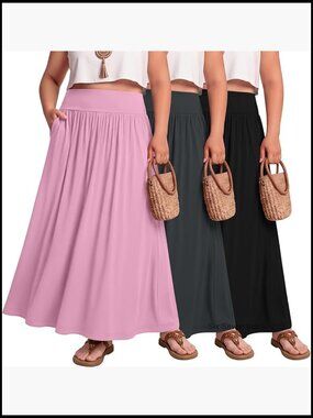 Plus Size Maxi Skirts with Pockets - A Line High Waist Flowy Long Skirt for